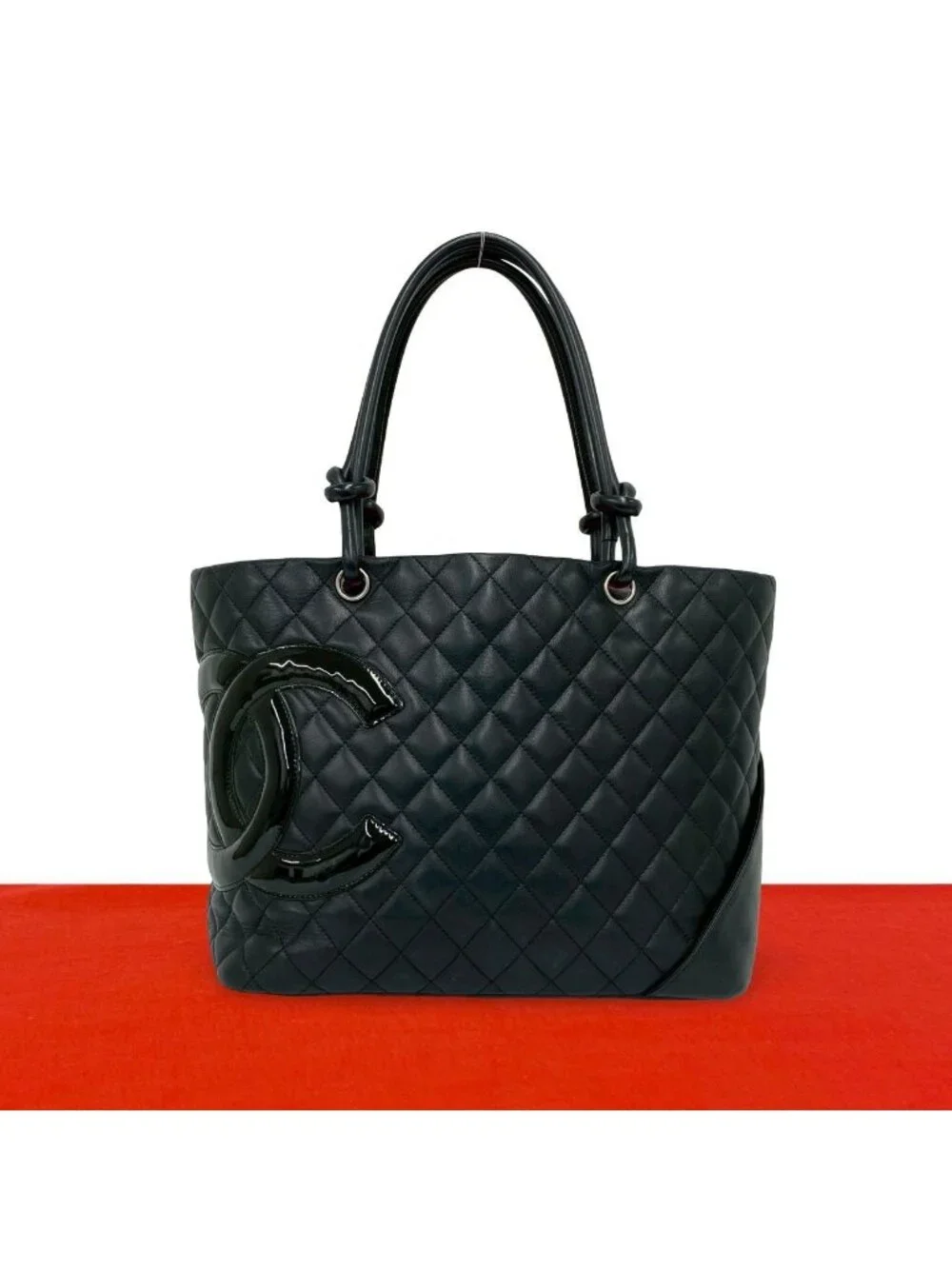 Chanel With Card Cambon Line CC Logo Leather Tote Black
